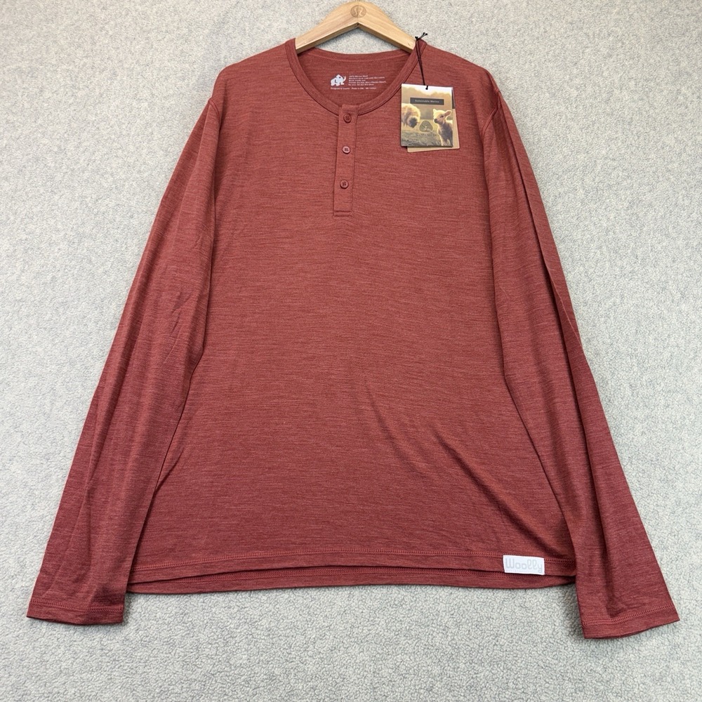 Woolly Men's 100% Merino Wool Long Sleeve Henley Shirt Rust Size L NWT